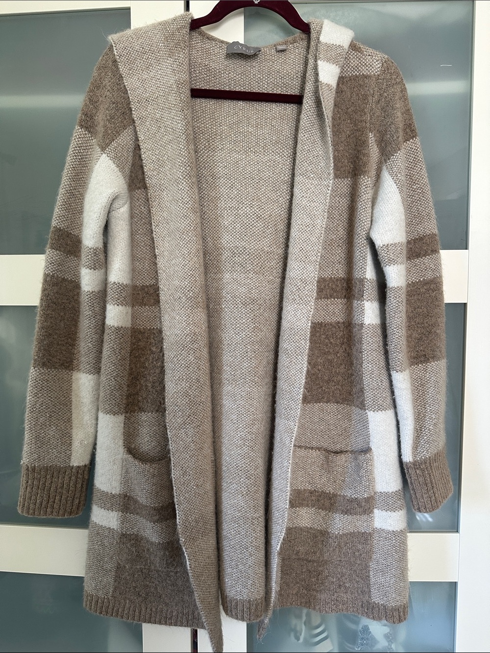 Cyrus Hooded Open-Front Plaid Long Sweater Jacket in Taupe & Cream